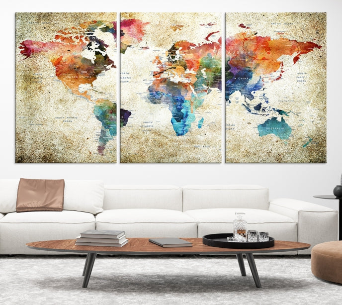 Extra Large Push Pin Grunge Watercolor World Map Wall Art Canvas Print