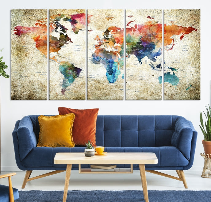 Extra Large Push Pin Grunge Watercolor World Map Wall Art Canvas Print