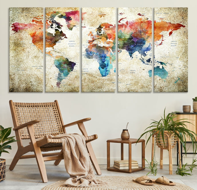 Extra Large Push Pin Grunge Watercolor World Map Wall Art Canvas Print