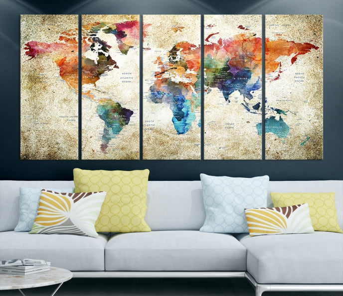 Extra Large Push Pin Grunge Watercolor World Map Wall Art Canvas Print