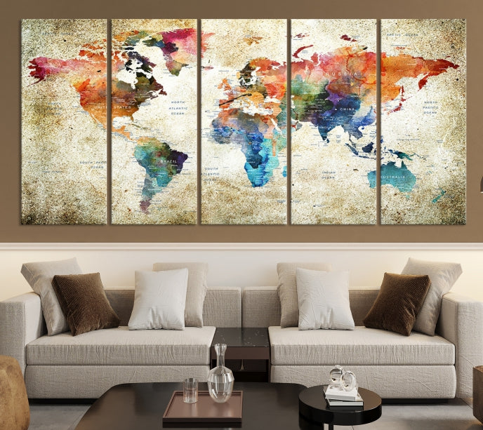 Extra Large Push Pin Grunge Watercolor World Map Wall Art Canvas Print