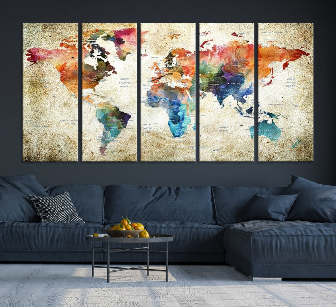 Extra Large Push Pin Grunge Watercolor World Map Wall Art Canvas Print