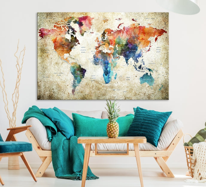 Extra Large Push Pin Grunge Watercolor World Map Wall Art Canvas Print