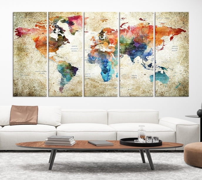 Extra Large Push Pin Grunge Watercolor World Map Wall Art Canvas Print