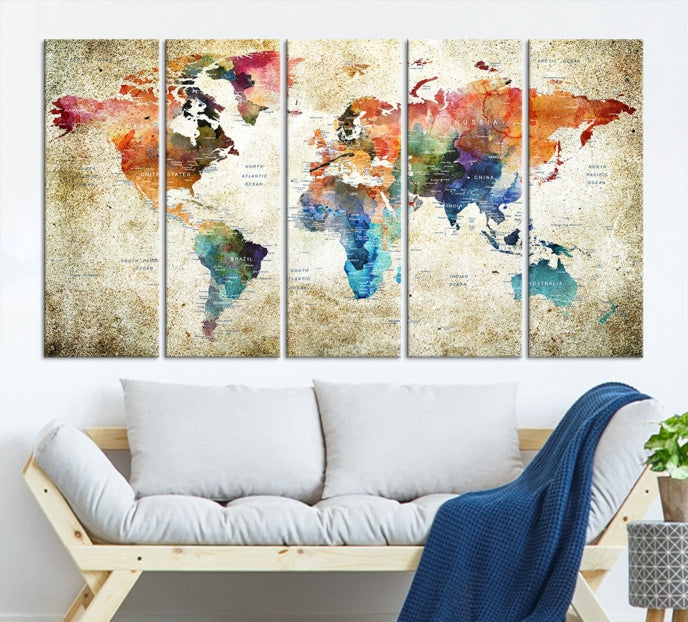 Extra Large Push Pin Grunge Watercolor World Map Wall Art Canvas Print