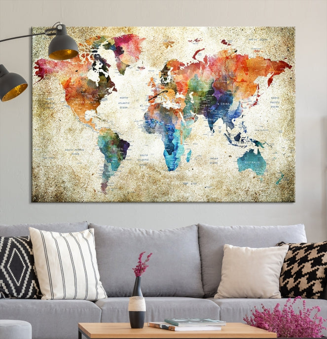 Extra Large Push Pin Grunge Watercolor World Map Wall Art Canvas Print