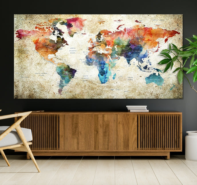 Extra Large Push Pin Grunge Watercolor World Map Wall Art Canvas Print