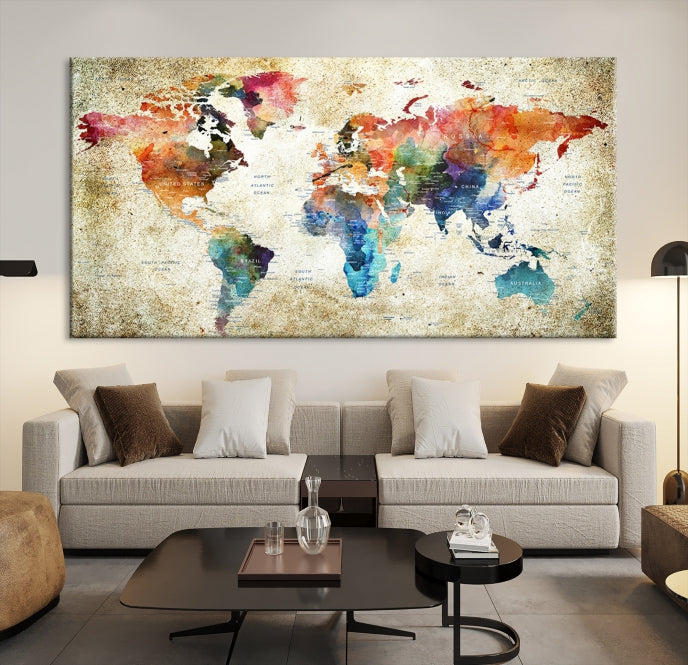 Extra Large Push Pin Grunge Watercolor World Map Wall Art Canvas Print