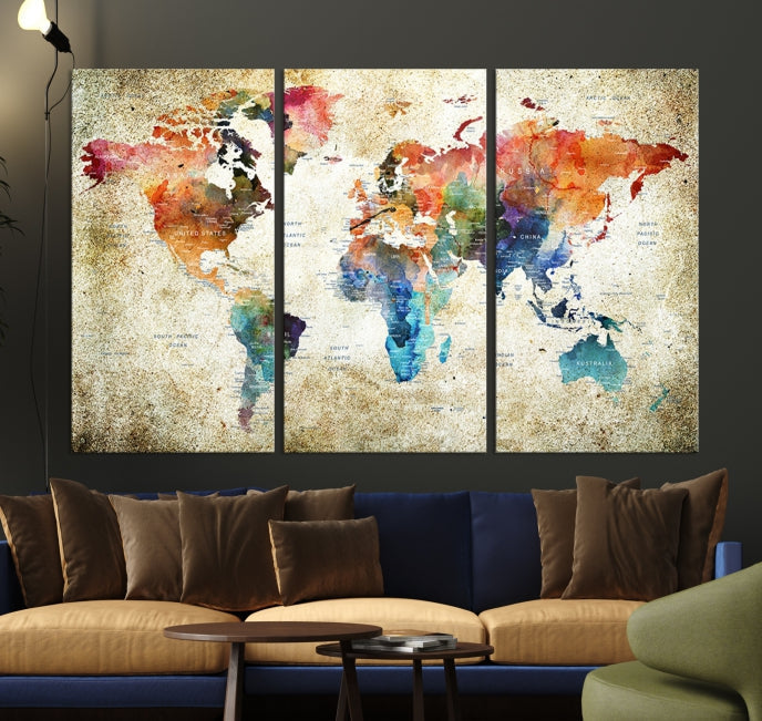 Extra Large Push Pin Grunge Watercolor World Map Wall Art Canvas Print