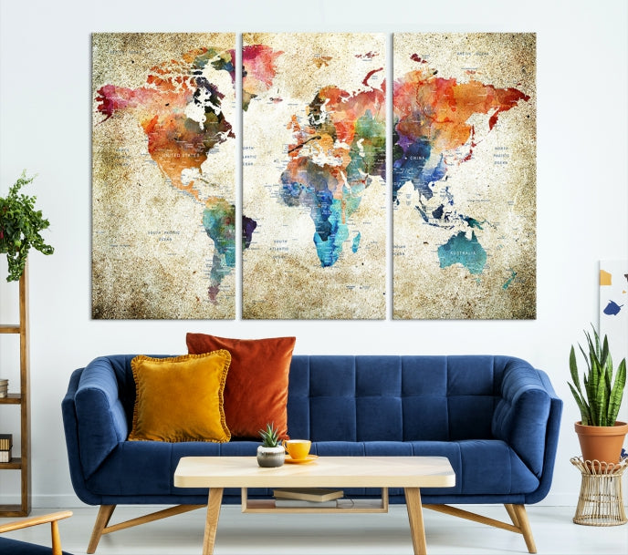 Extra Large Push Pin Grunge Watercolor World Map Wall Art Canvas Print