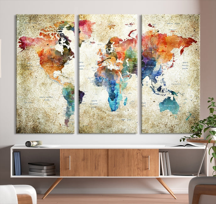 Extra Large Push Pin Grunge Watercolor World Map Wall Art Canvas Print