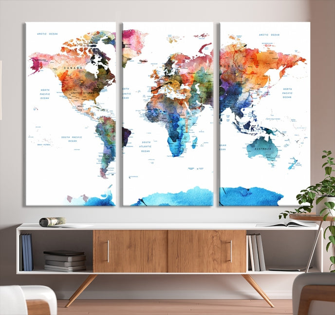 Extra Large Push Pin Watercolor World Map Antarctica Framed Wall Art Canvas Print