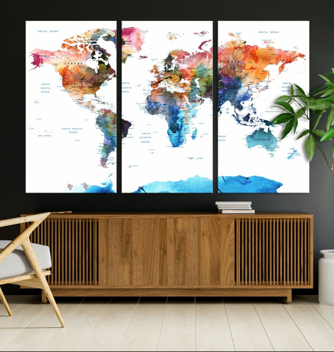 Extra Large Push Pin Watercolor World Map Antarctica Framed Wall Art Canvas Print