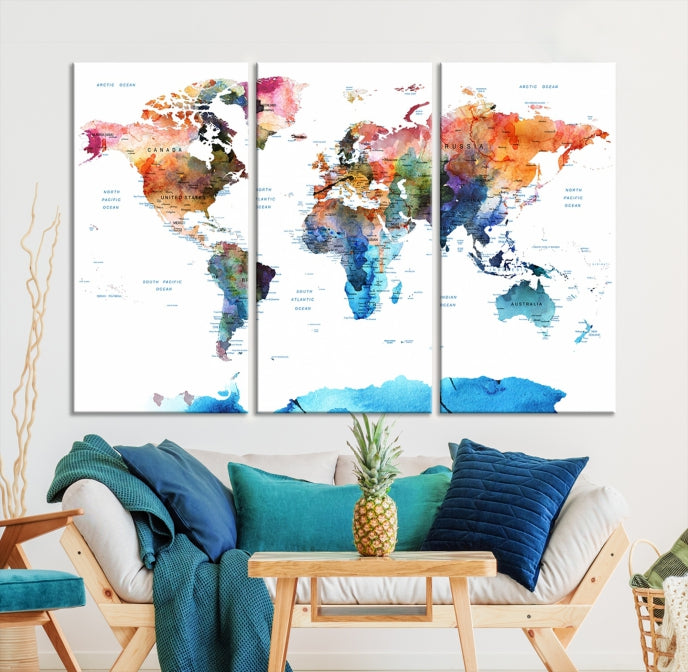 Extra Large Push Pin Watercolor World Map Antarctica Framed Wall Art Canvas Print