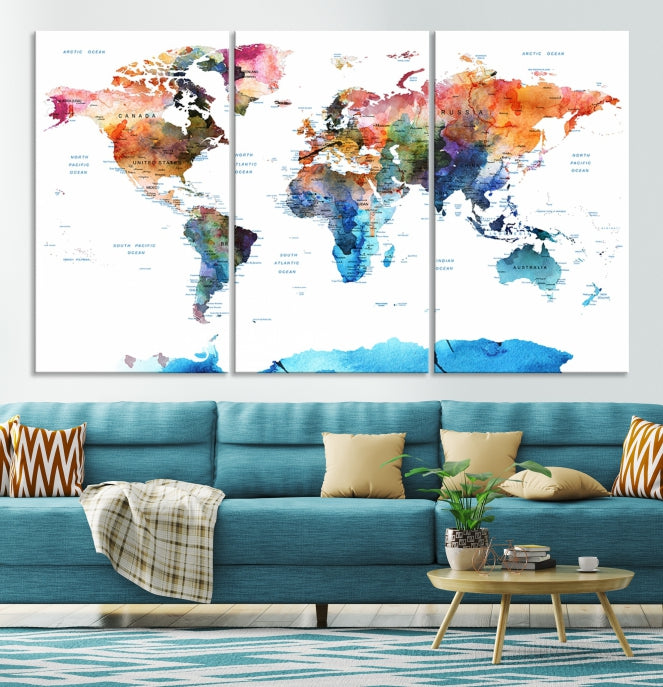 Extra Large Push Pin Watercolor World Map Antarctica Framed Wall Art Canvas Print