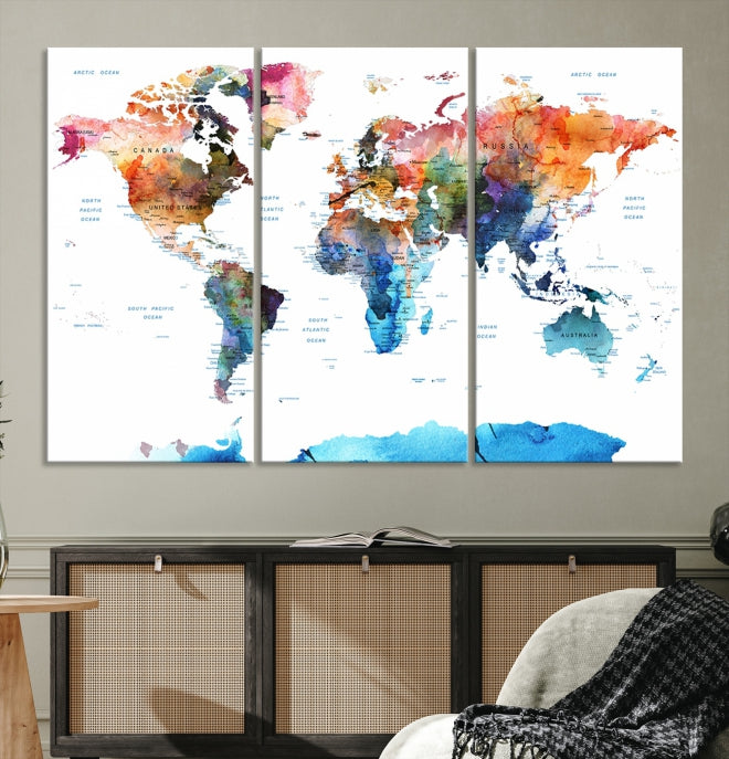 Extra Large Push Pin Watercolor World Map Antarctica Framed Wall Art Canvas Print