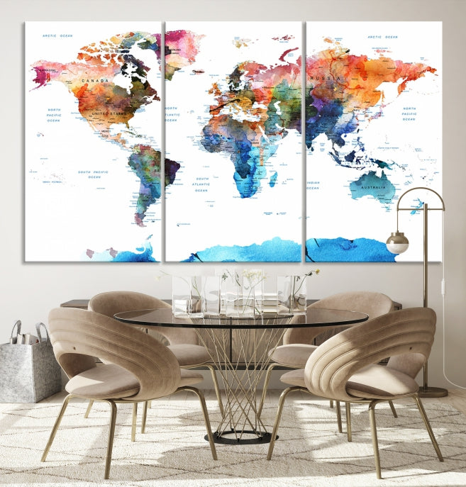 Extra Large Push Pin Watercolor World Map Antarctica Framed Wall Art Canvas Print