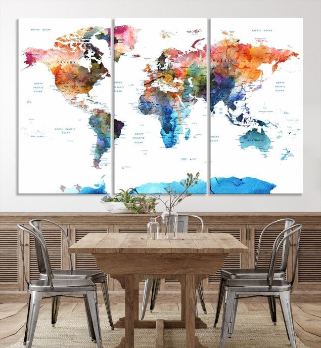 Extra Large Push Pin Watercolor World Map Antarctica Framed Wall Art Canvas Print