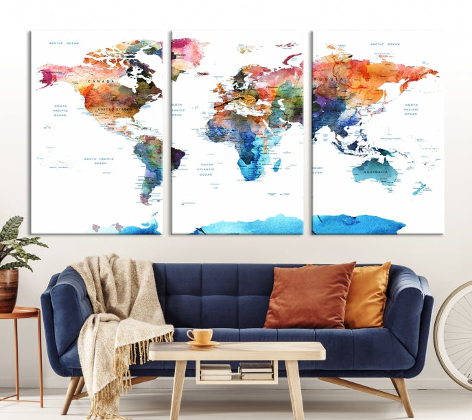 Extra Large Push Pin Watercolor World Map Antarctica Framed Wall Art Canvas Print