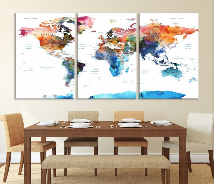 Extra Large Push Pin Watercolor World Map Antarctica Framed Wall Art Canvas Print