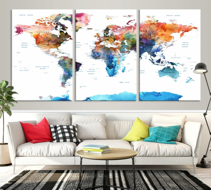 Extra Large Push Pin Watercolor World Map Antarctica Framed Wall Art Canvas Print