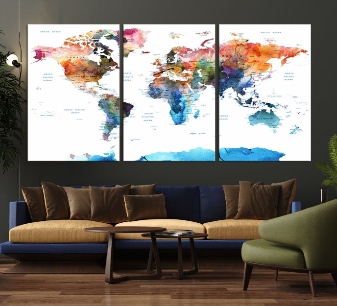 Extra Large Push Pin Watercolor World Map Antarctica Framed Wall Art Canvas Print