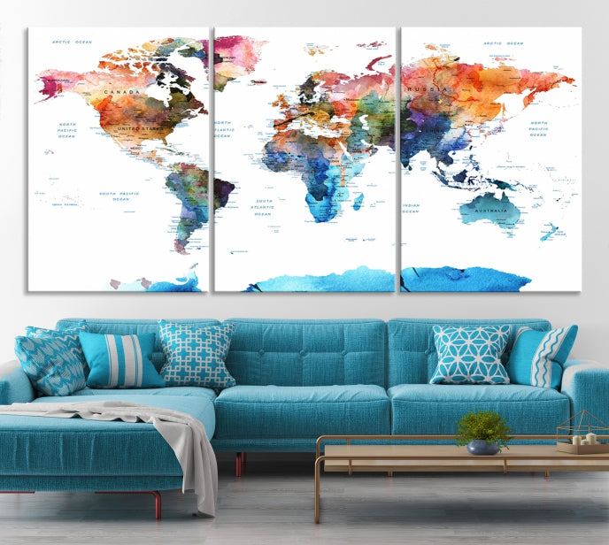 Extra Large Push Pin Watercolor World Map Antarctica Framed Wall Art Canvas Print