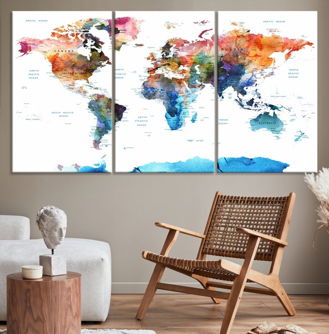 Extra Large Push Pin Watercolor World Map Antarctica Framed Wall Art Canvas Print