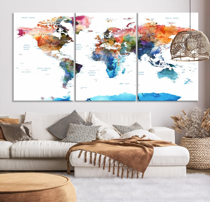 Extra Large Push Pin Watercolor World Map Antarctica Framed Wall Art Canvas Print