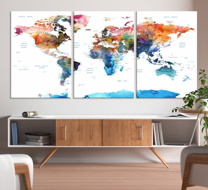 Extra Large Push Pin Watercolor World Map Antarctica Framed Wall Art Canvas Print