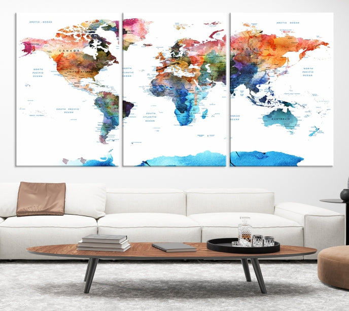 Extra Large Push Pin Watercolor World Map Antarctica Framed Wall Art Canvas Print