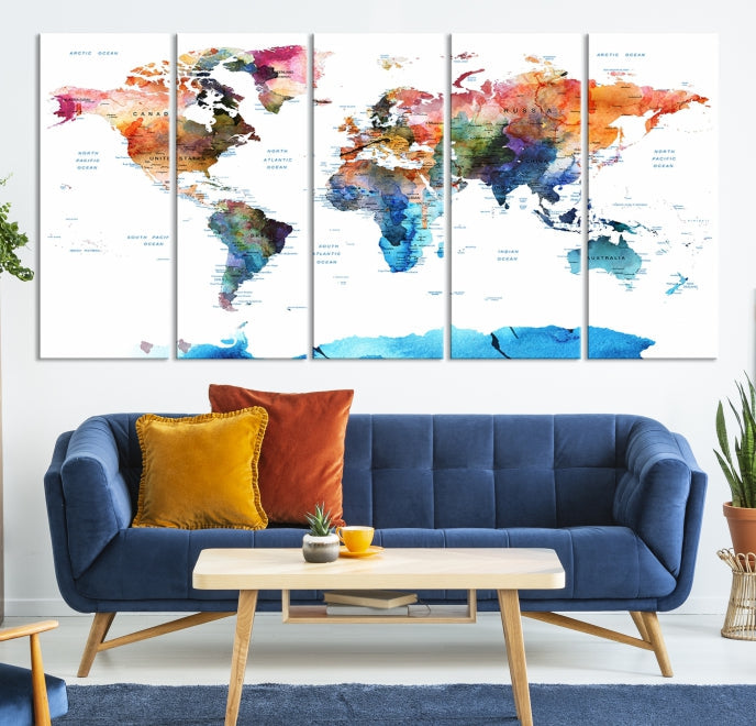 Extra Large Push Pin Watercolor World Map Antarctica Framed Wall Art Canvas Print