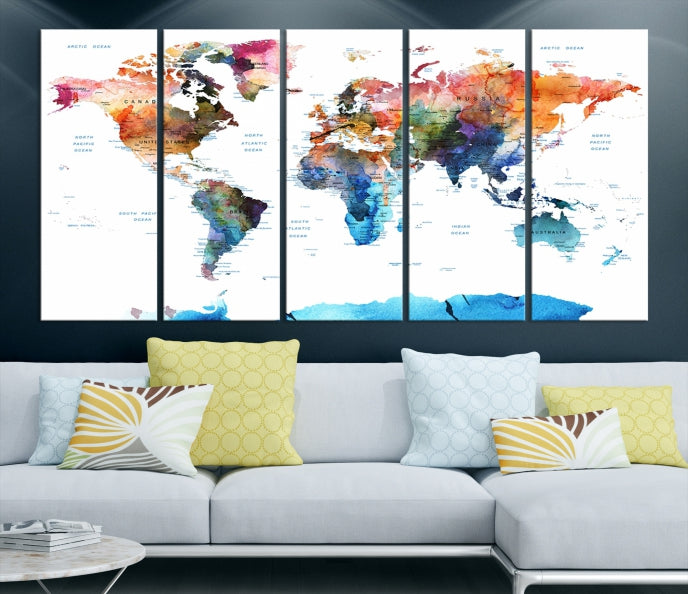 Extra Large Push Pin Watercolor World Map Antarctica Framed Wall Art Canvas Print