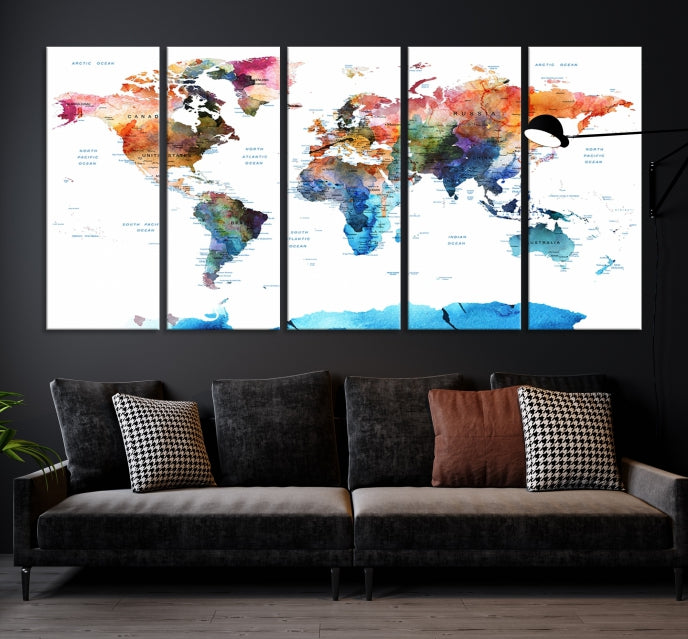 Extra Large Push Pin Watercolor World Map Antarctica Framed Wall Art Canvas Print