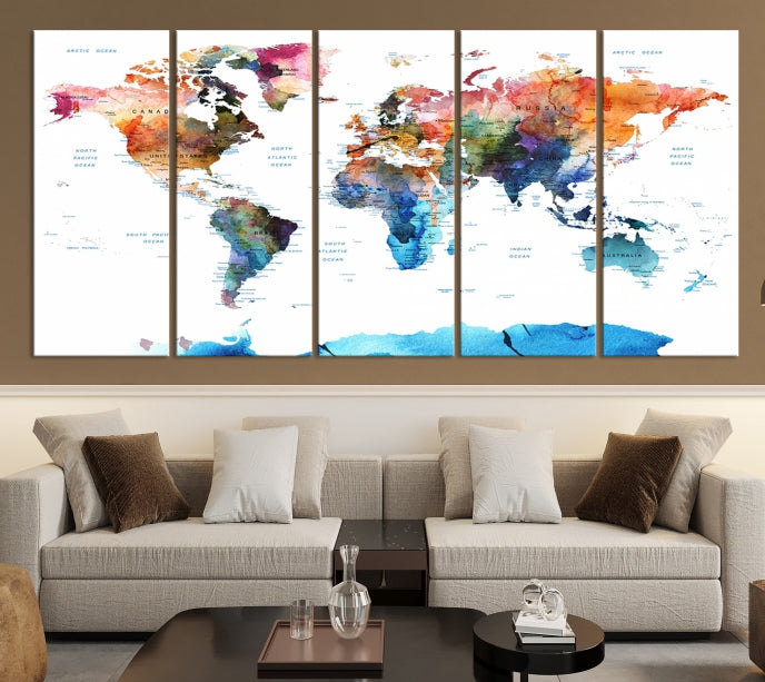 Extra Large Push Pin Watercolor World Map Antarctica Framed Wall Art Canvas Print