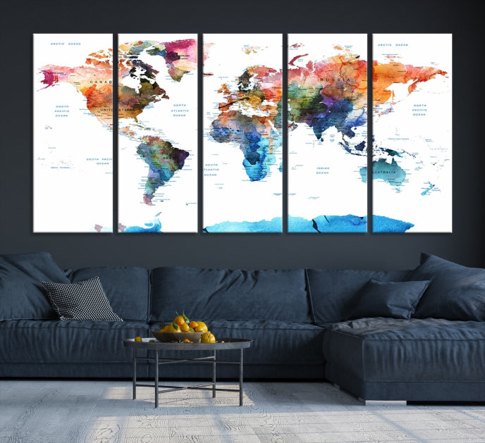 Extra Large Push Pin Watercolor World Map Antarctica Framed Wall Art Canvas Print