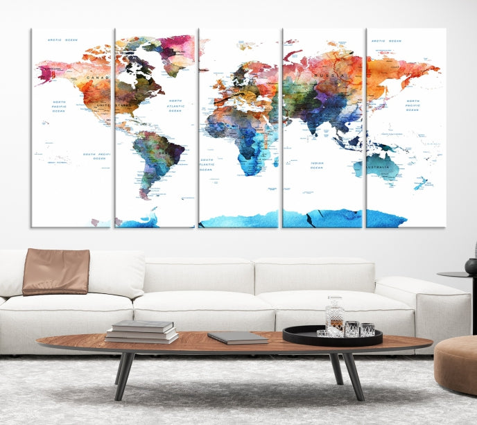 Extra Large Push Pin Watercolor World Map Antarctica Framed Wall Art Canvas Print