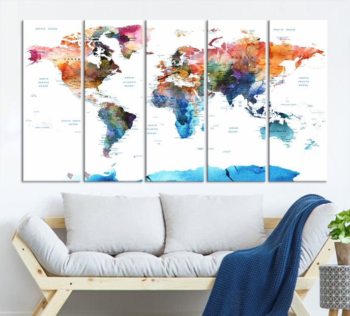 Extra Large Push Pin Watercolor World Map Antarctica Framed Wall Art Canvas Print