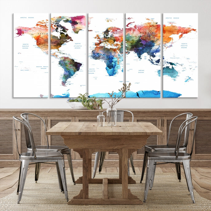 Extra Large Push Pin Watercolor World Map Antarctica Framed Wall Art Canvas Print