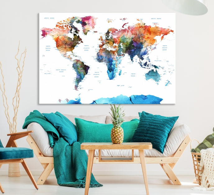 Extra Large Push Pin Watercolor World Map Antarctica Framed Wall Art Canvas Print