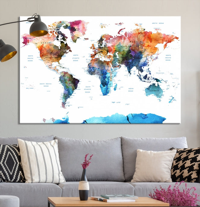 Extra Large Push Pin Watercolor World Map Antarctica Framed Wall Art Canvas Print