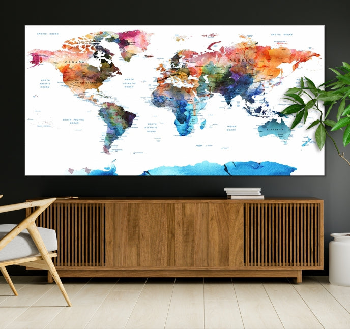 Extra Large Push Pin Watercolor World Map Antarctica Framed Wall Art Canvas Print