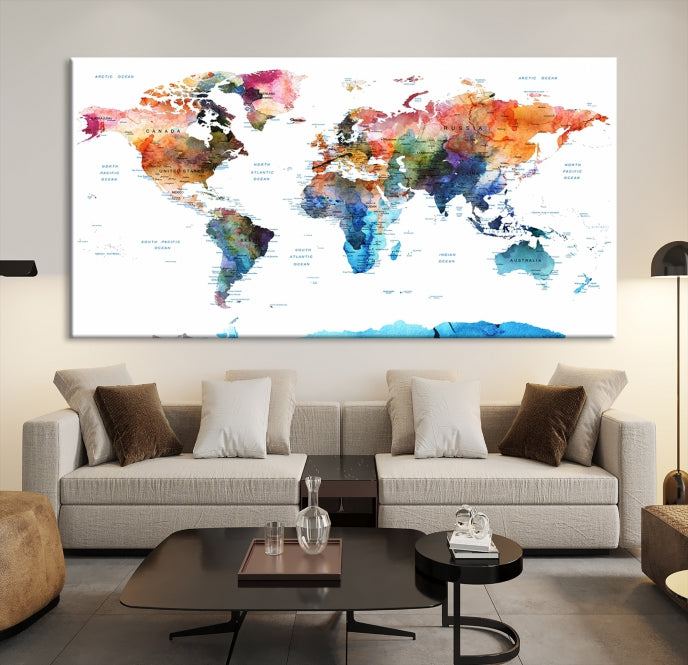 Extra Large Push Pin Watercolor World Map Antarctica Framed Wall Art Canvas Print