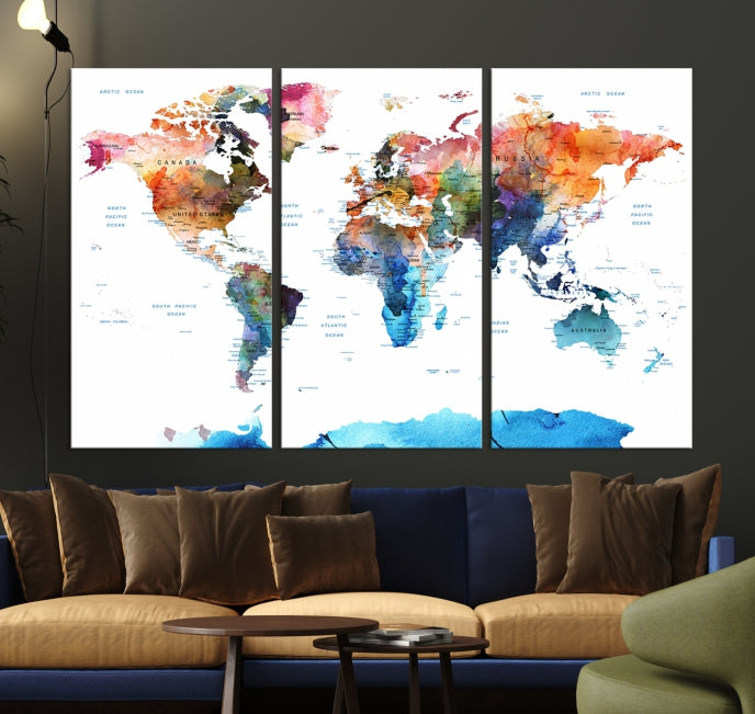 Extra Large Push Pin Watercolor World Map Antarctica Framed Wall Art Canvas Print