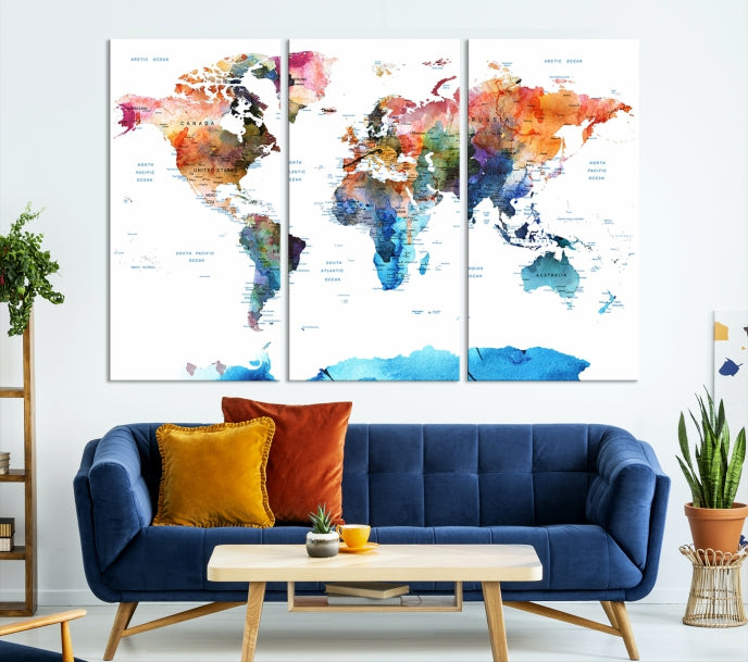 Extra Large Push Pin Watercolor World Map Antarctica Framed Wall Art Canvas Print