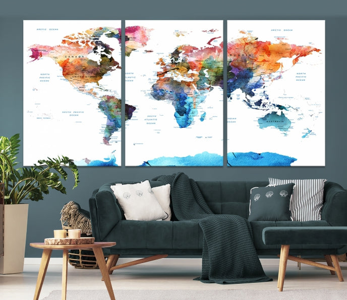 Extra Large Push Pin Watercolor World Map Antarctica Framed Wall Art Canvas Print