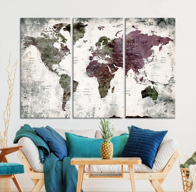 Extra Large Push Pin World Map Canvas Wall Art Detailed Travel Map Print