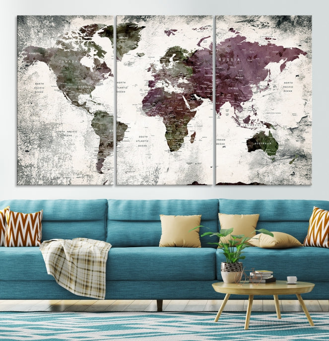 Extra Large Push Pin World Map Canvas Wall Art Detailed Travel Map Print