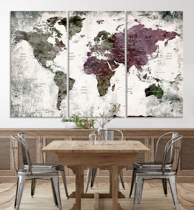 Extra Large Push Pin World Map Canvas Wall Art Detailed Travel Map Print