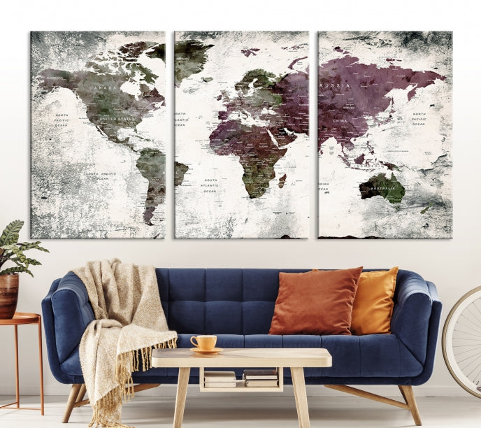 Extra Large Push Pin World Map Canvas Wall Art Detailed Travel Map Print